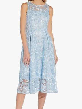 Adrianna Papell Women's Blue Embroidered Tea Length Dress